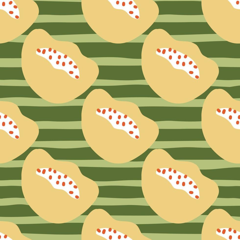 Beige bloom abstract poppy flowers seamless pattern in doodle style. Green striped background. vector