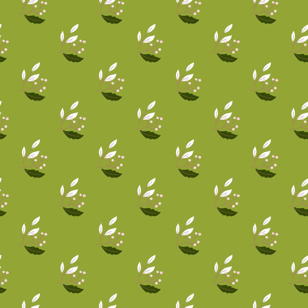 pequeñas ramas de bayas blancas dan forma a un patrón sin costuras en estilo botánico. fondo verde ornamento del garabato. vector