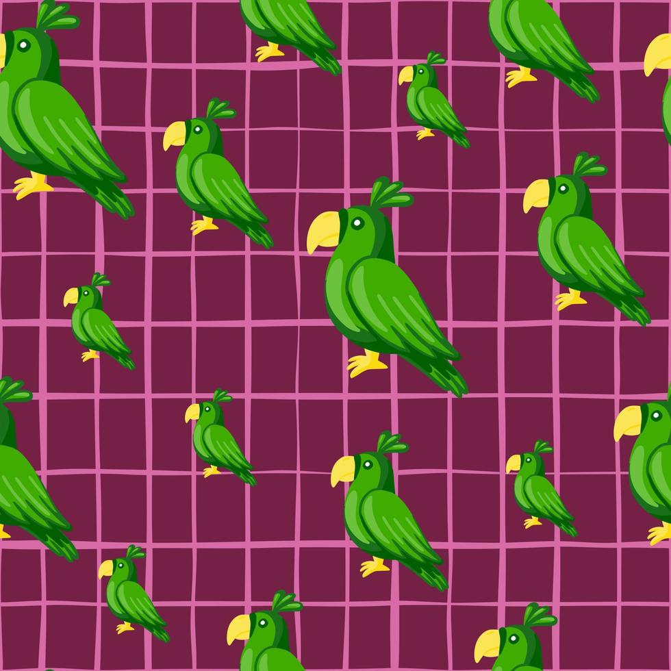 Random green parrots silhouettes seamless doodle pattern. Purple bright chequered background. vector