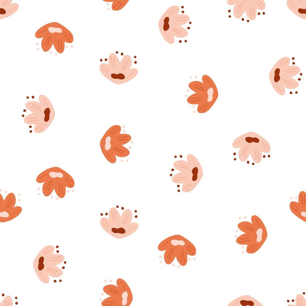 Isolated natural seamless pattern with orange and pink random scandi flowers shapes. White background. vector