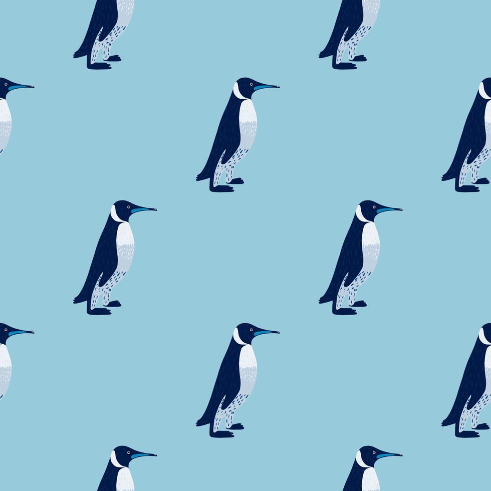 Cartoon minimalistic style seamless pattern with simple penguins ornament. Blue pastel background. vector
