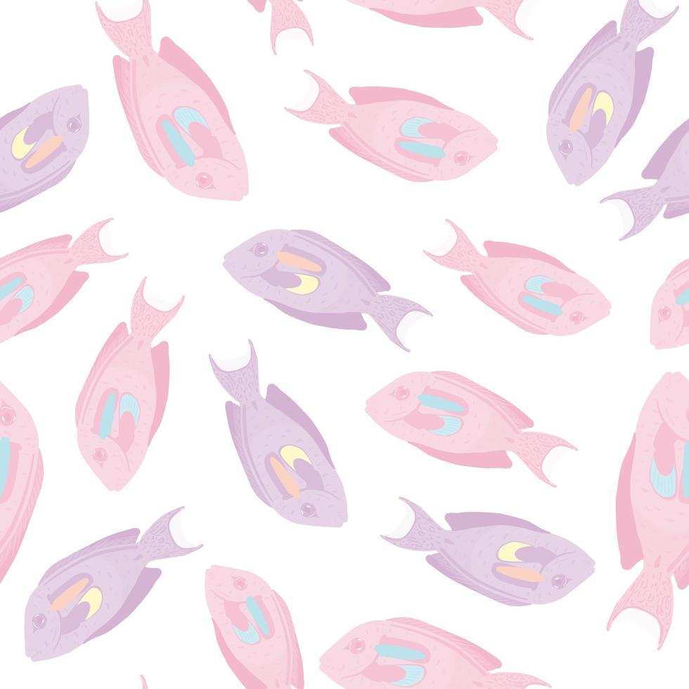 Isolated seamless pattern with pastel light tones surgeon fish shapes. White background. Doodle print. vector