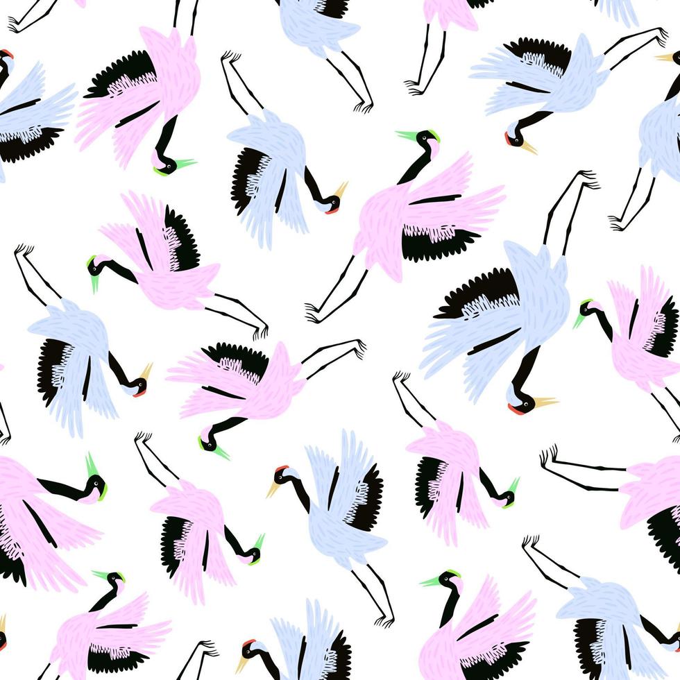 Isolated cartoon seamless decorative pattern with light pink and blue crane birds print. White background. vector