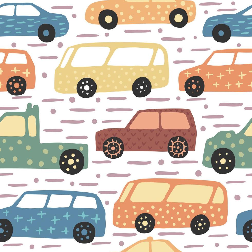 Seamless pattern with hand drawn cute car. Doodle cars vector illustration.