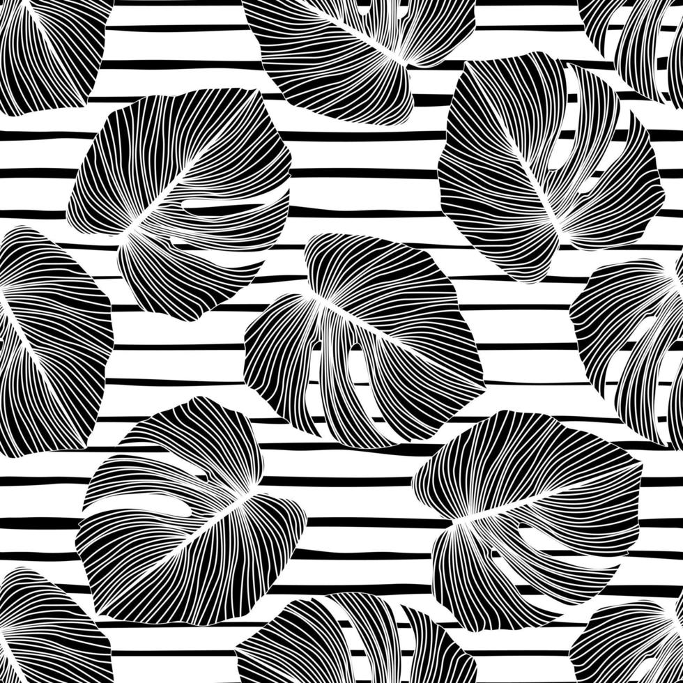 Black monstera leaves seamless pattern on stripes background. vector