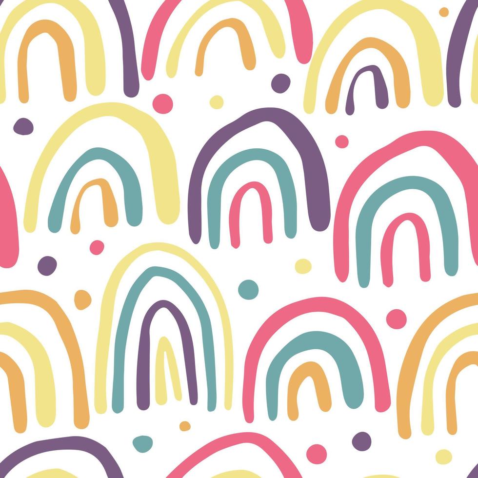 Hand drawn rainbows seamless pattern. Polka dot wallpaper. vector