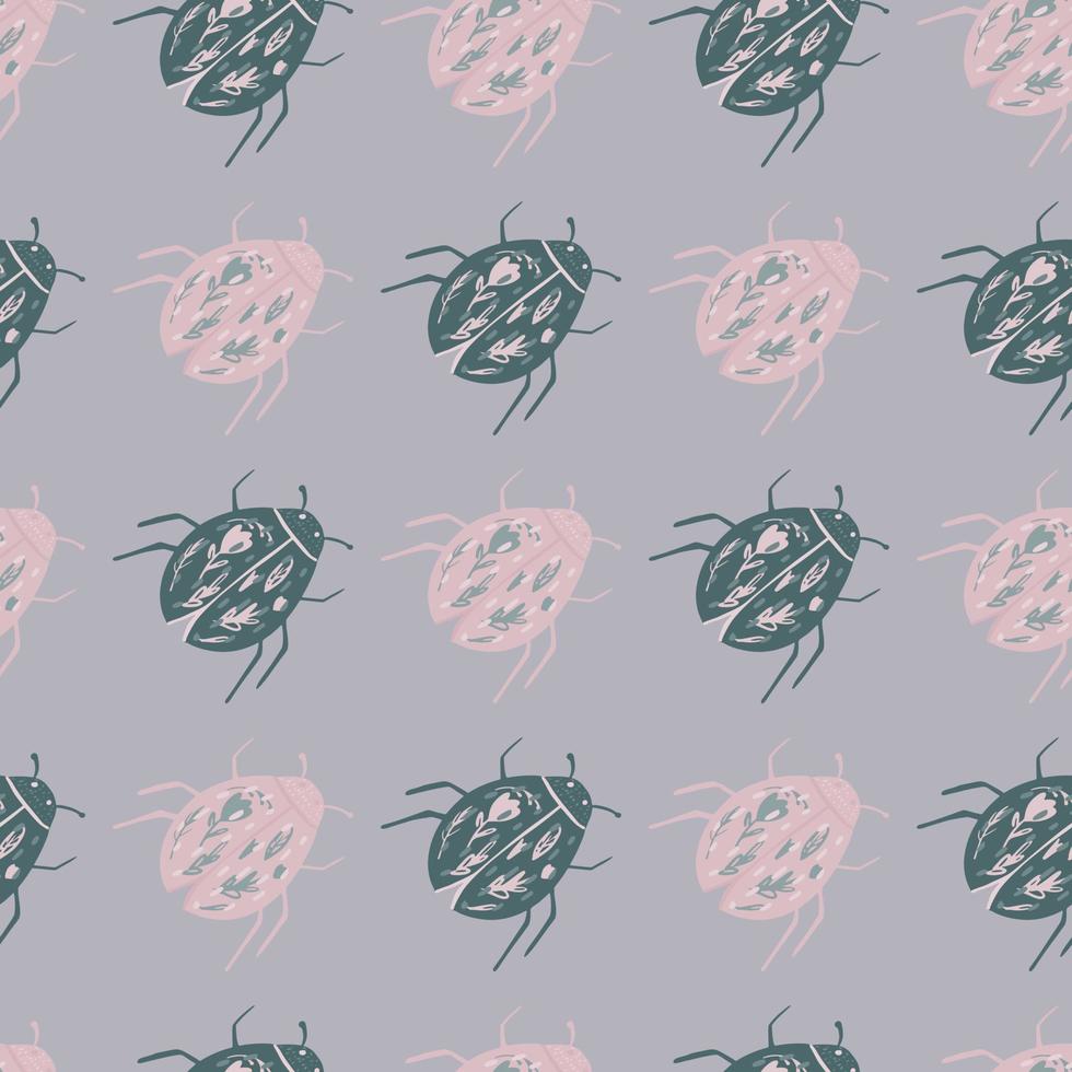 Seamless pale pattern with scarab beetle ornament. Pink and grey colores bugs on light purple background. vector