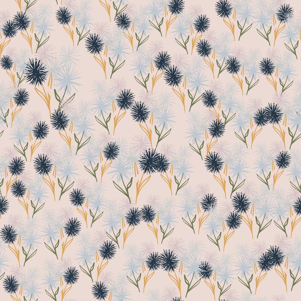 Random seamless pattern with little dandelion figures. Navy and blue flowers on light pastel pink background. vector