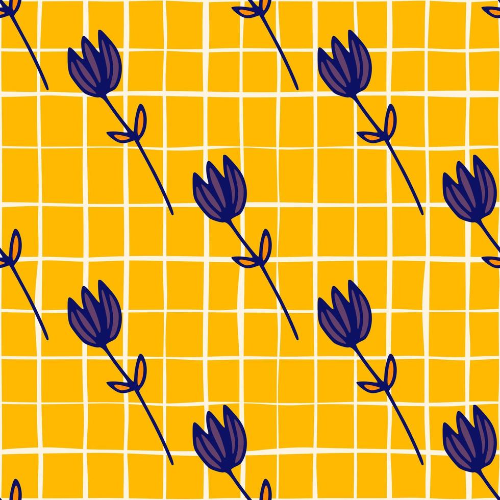 Bright flowers abstract silhouettes seamless pattern. Navy blue contoured tulips on yellow background with check. vector