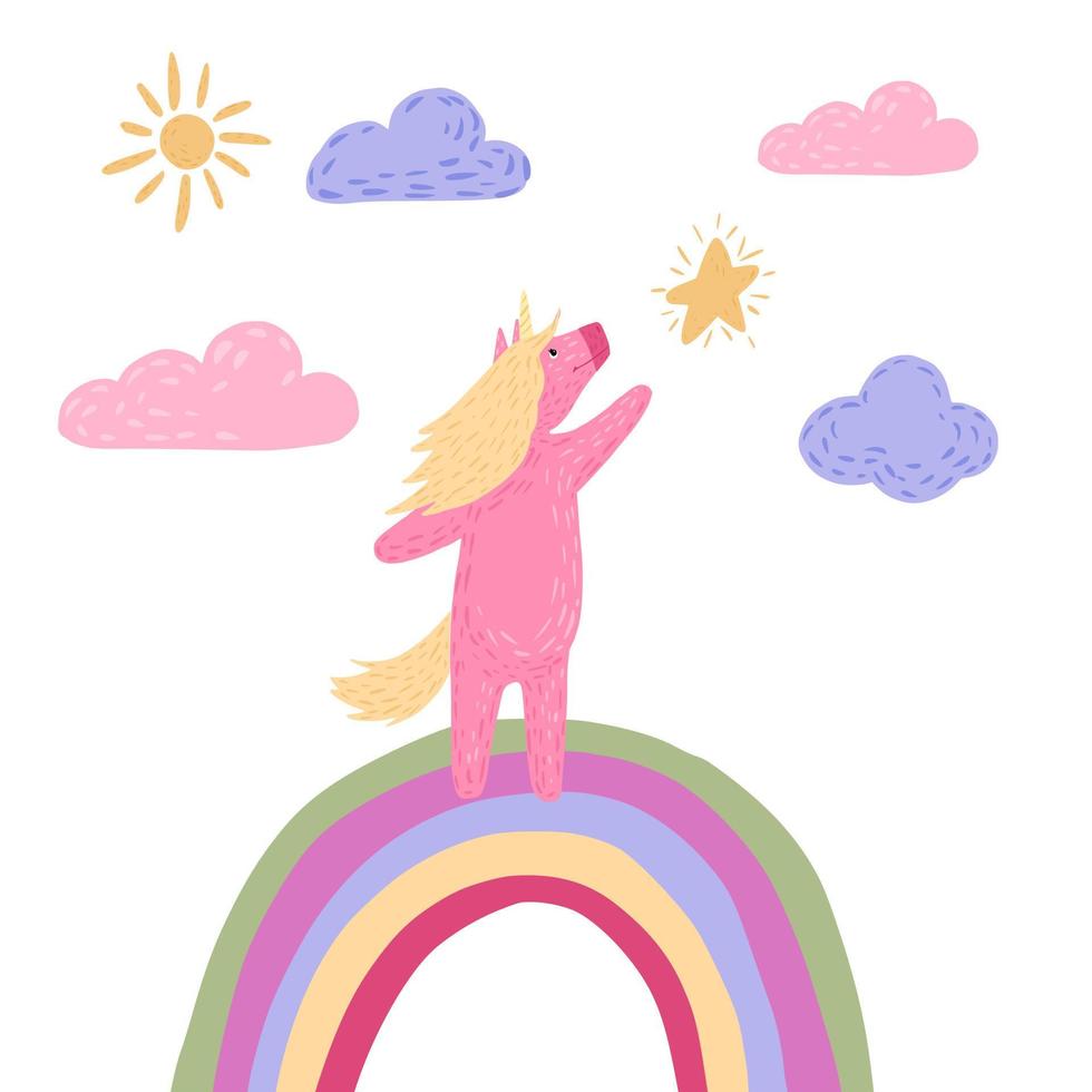 Composition unicorn standing on rainbow on white background. Cartoon cute character unicorn, sun, star, cloud in doodle. vector