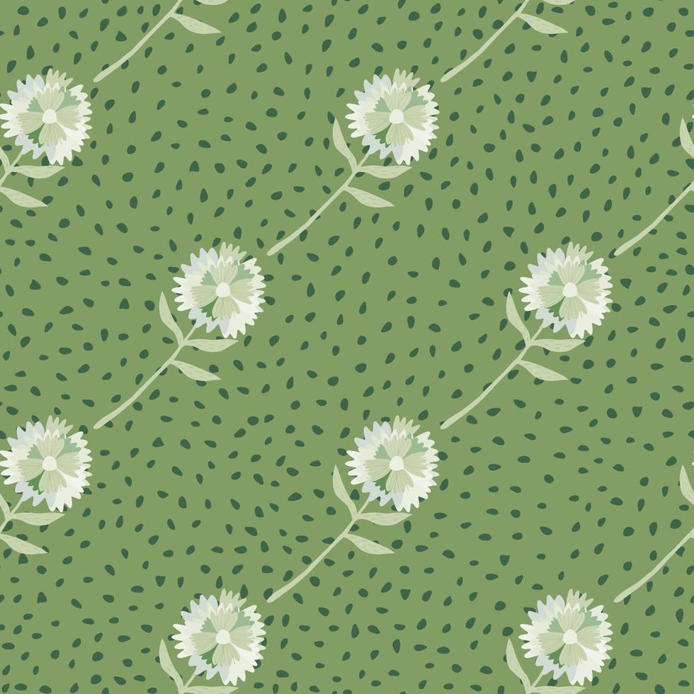White dandelion diagonal ornament seamless pattern. Green background with black dots. vector