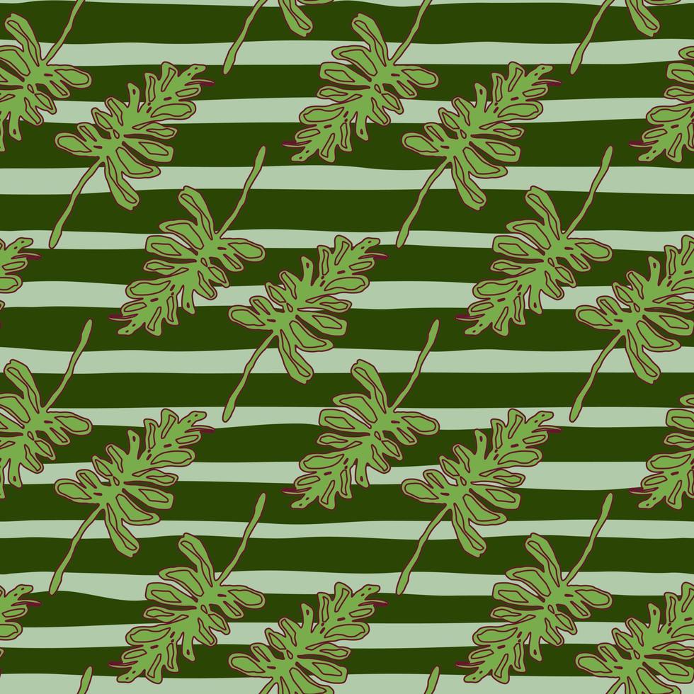 Outline seamless pattern with green nature branches. Stripped background in pale tones. Hand drawn print. vector