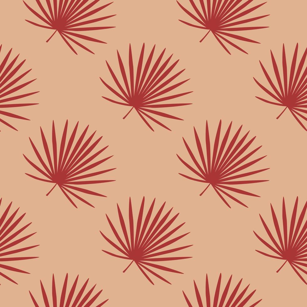 Doodle seamless stylized exotic pattern with maroon talipot leaf ornament. Simple elements on coral background. vector