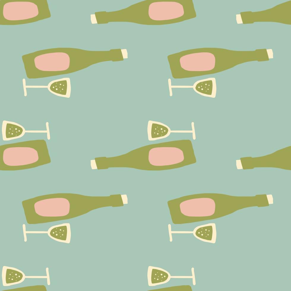 Pastel tones wine seamless pattern. Alcohol artwork with bottle and wineglass in green and pink tones on blue background. vector