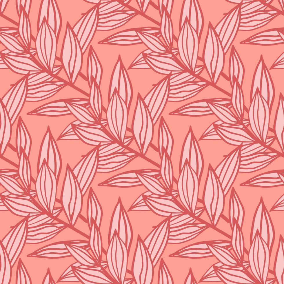 Botanic seamless pattern with outline branches silhouettes. Floral backdrop in pink palette. vector