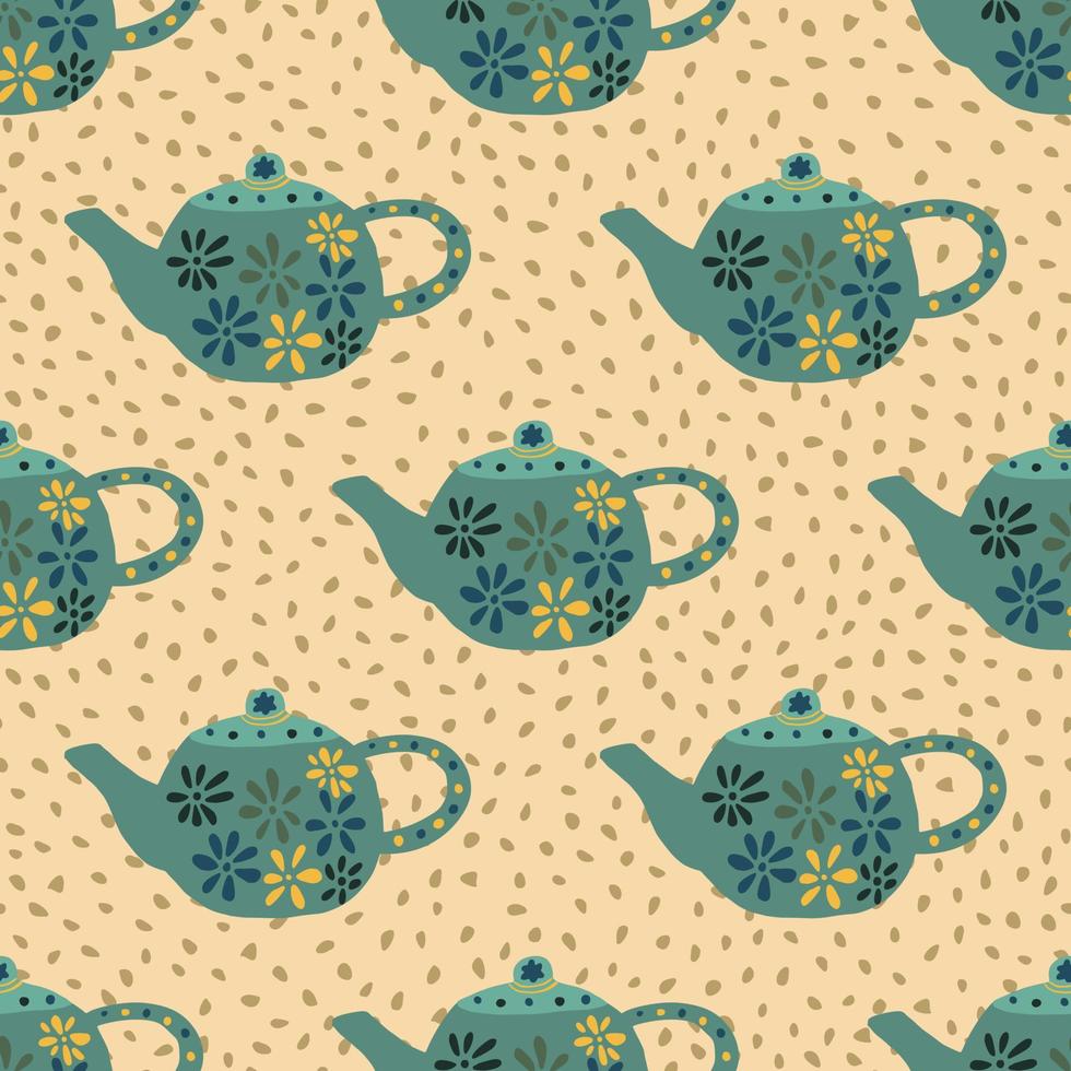 Turquoise teapots with flowers seamless pattern. Hand drawn kitchen dishes on light orange background with dots. vector