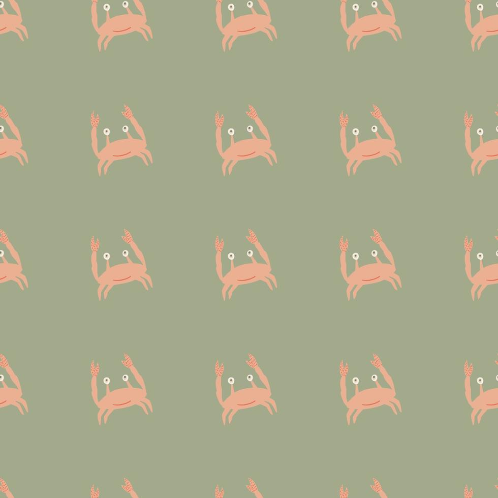 Crab simple pink silhouettes seamless pale pattern. Light green background. Nature backdrop. vector