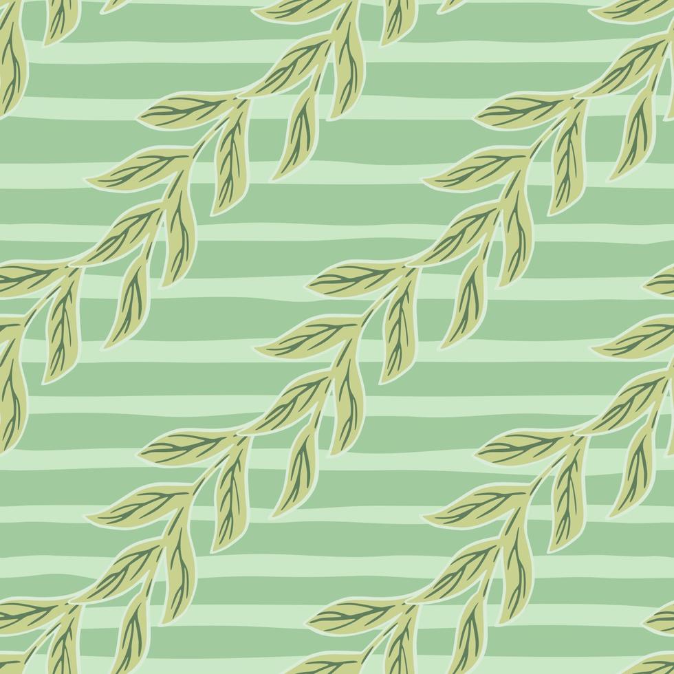 Hand drawn seamless pattern with botanic branches leaves ornament. Light green striped background. vector