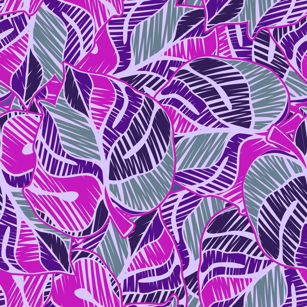 Scribble monstera leaves tropical seamless pattern. Embroidery palm leaf endless wallpaper. vector