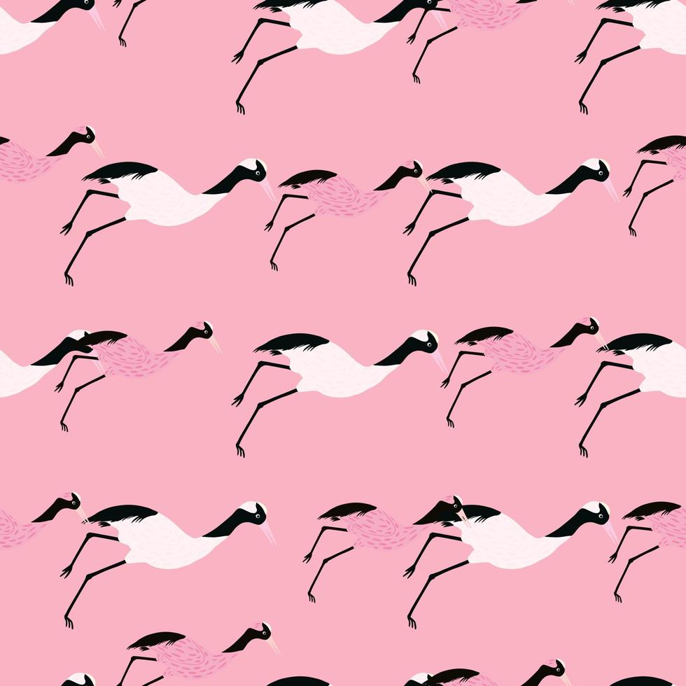 Nature animal seamless pattern with whie crane bird elements. Pink background. Bright colors. vector