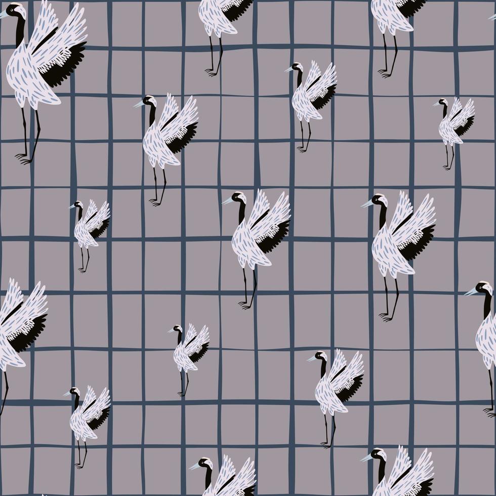 zoológico asiático grúa pájaro patrón sin costuras con estampado dibujado a mano en niños estilísticos. fondo gris a cuadros. vector