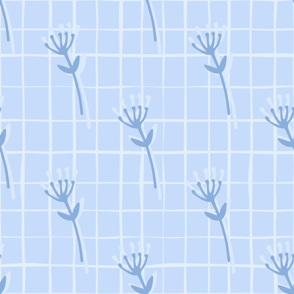 ingenuo patrón de garabatos sin costuras con figuras abstractas de ramas de flores. fondo azul con cheque blanco. vector