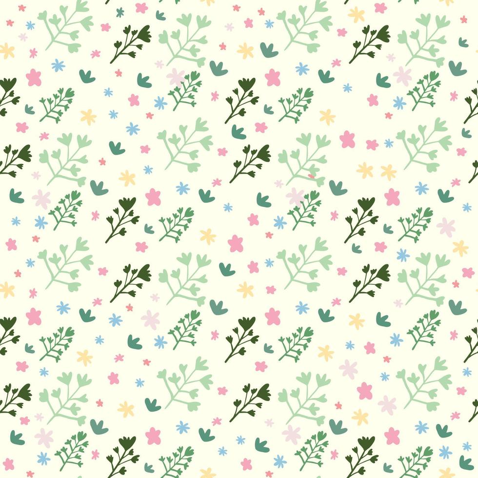 Isolated botanic seamless pattern with leaves, branches and flowers shapes. White background and green, pink and yellow floral silhouettes. vector