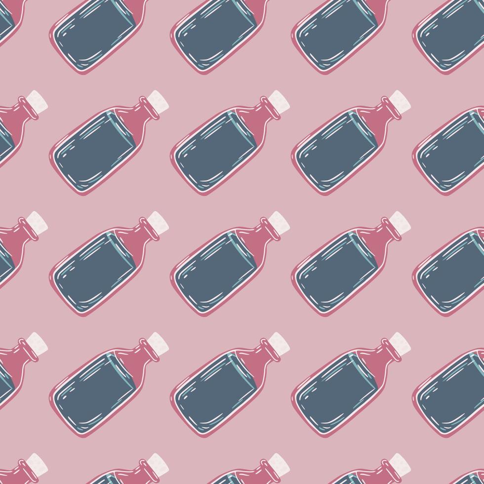 Simple seamless doodle pattern with oil bottle shapes. Essential aromatherapy print in pink and blue colors. vector