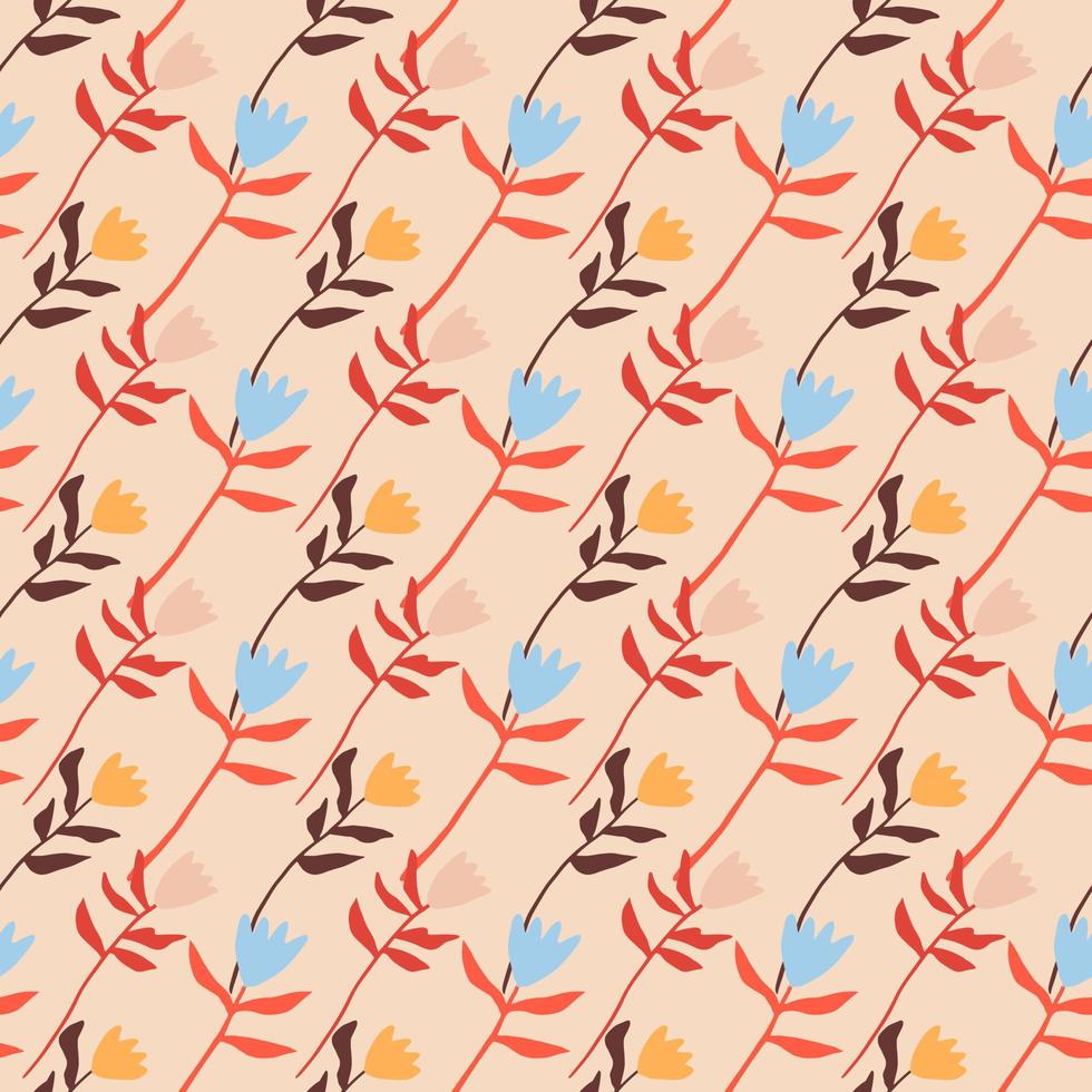Summer flowers seamless pattern. Doodle elements in blue, red and orange tones on light pink background. Bright design. vector