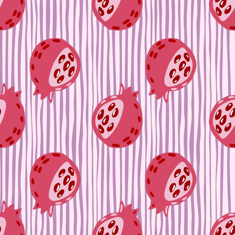 Stylized food seamless pattern with garnet shapes. Light pink fruit figures on stripped purple background. vector