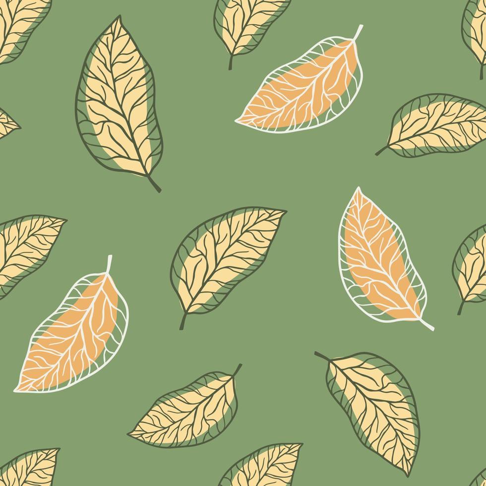 Random pastel palette seamless leaf pattern. Outline stylized ornament in orange color on green background. vector