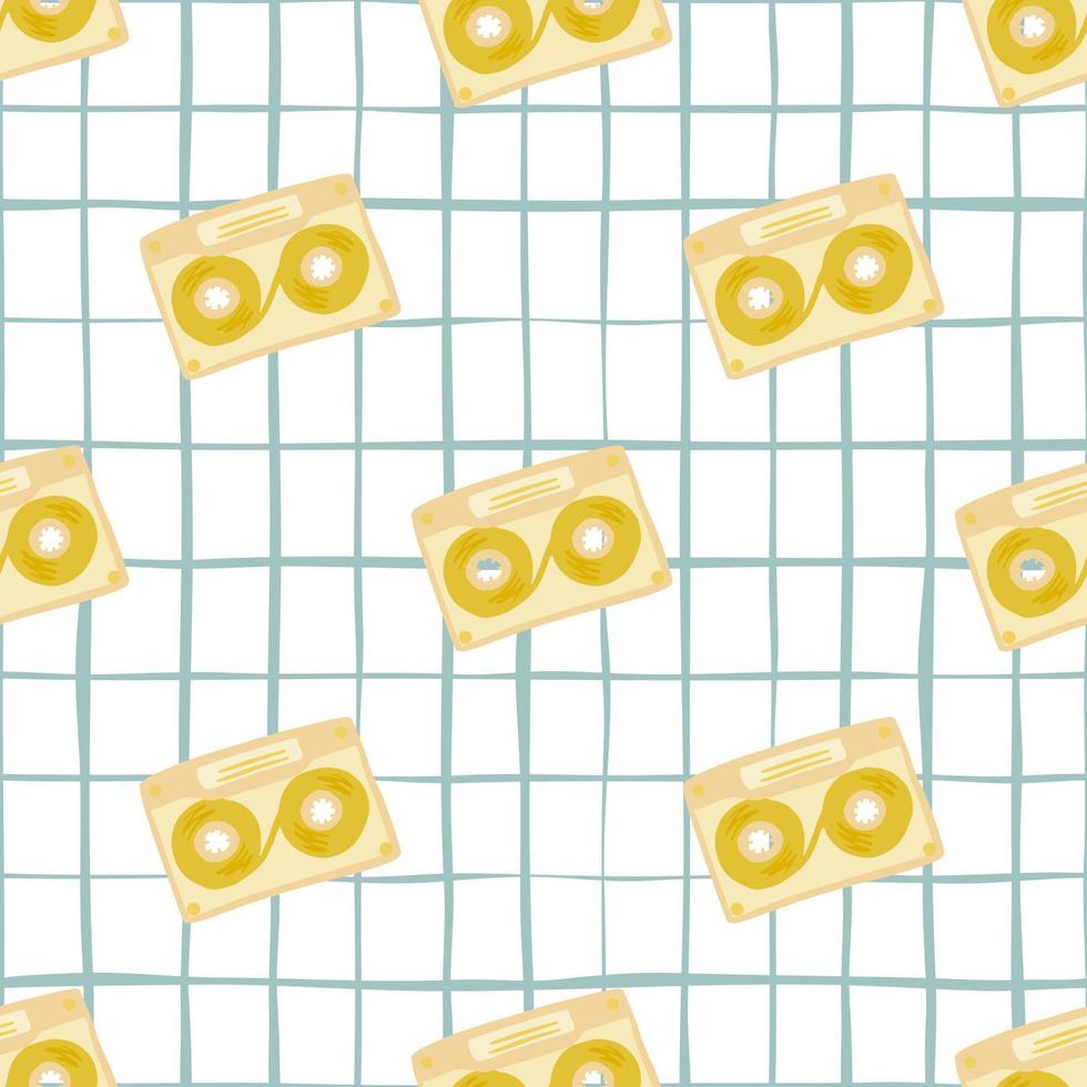 Stylized cassette print seamless pattern. Hand drawn 80s yellow ornament on white background with check. vector