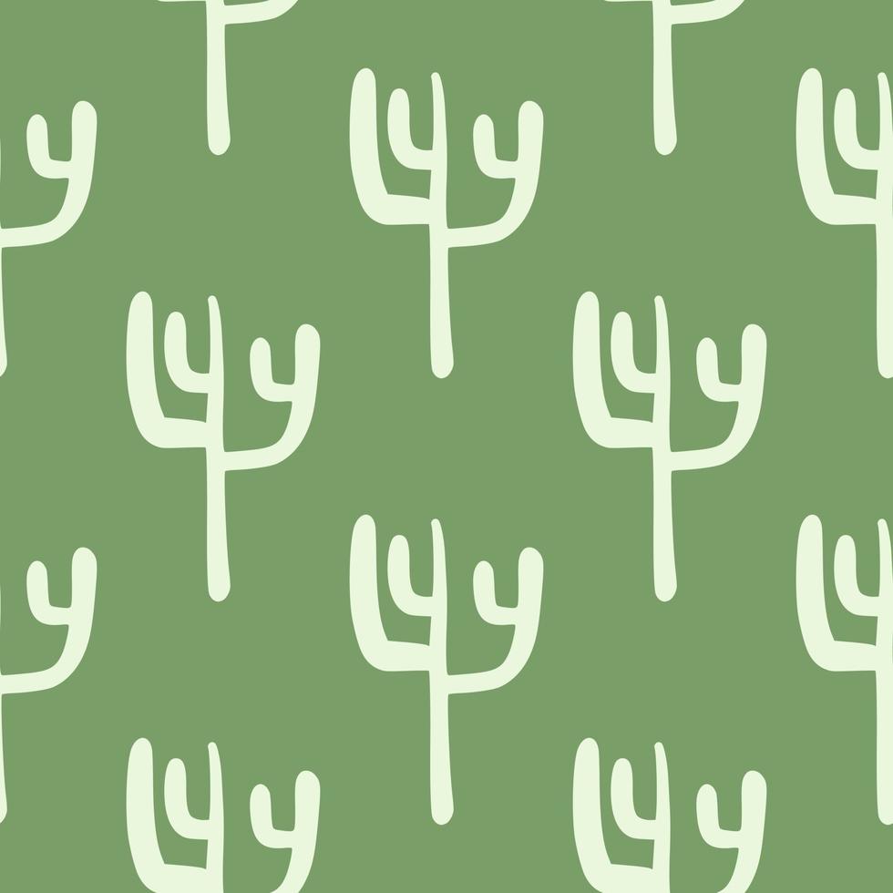 Seamless pattern with cactuses on green background. Desert doodle cacti endless wallpaper. vector