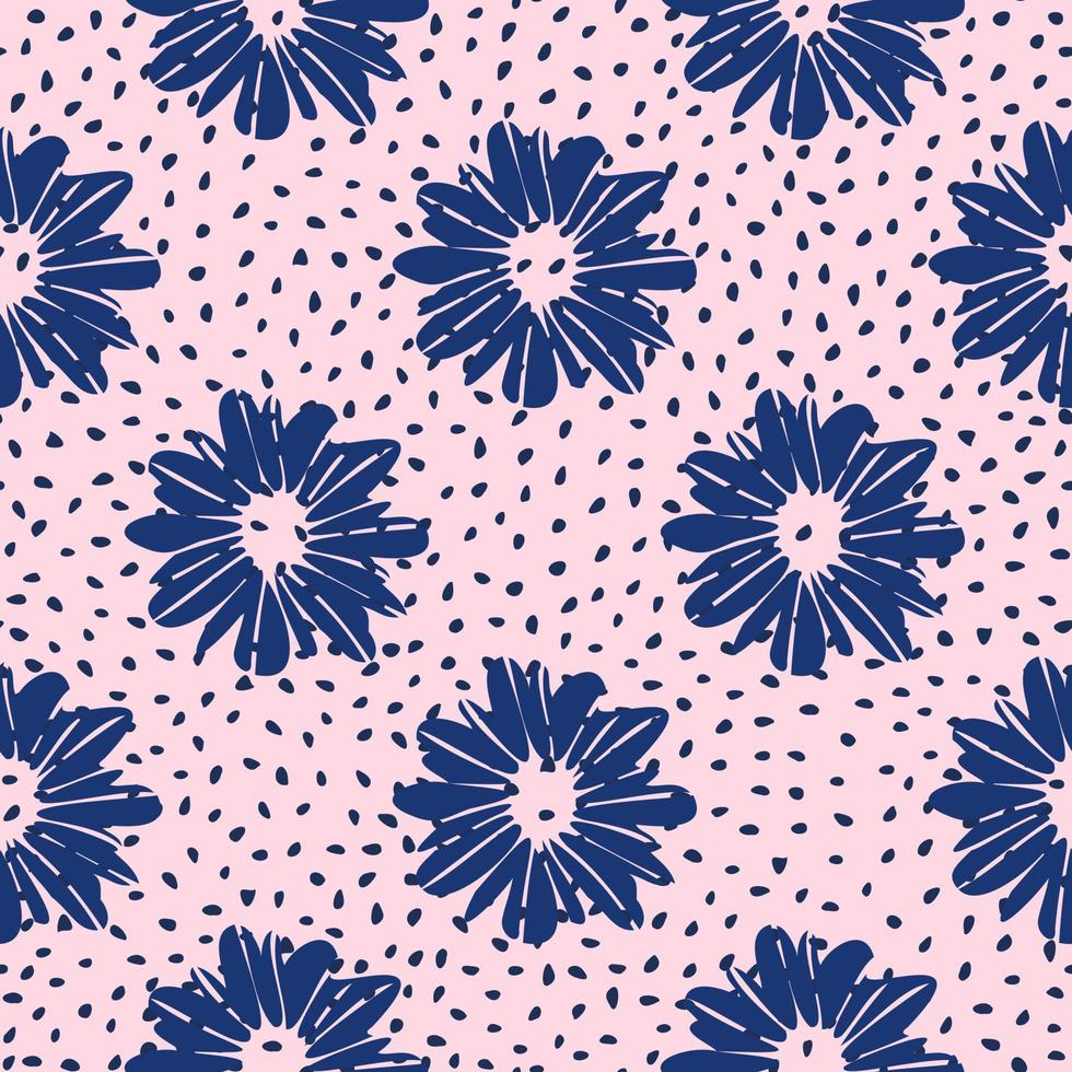 Simle floral doodle seamless pattern with daysies. Navy blue botanic elements on pink dotted background. Naivy backdrop. vector