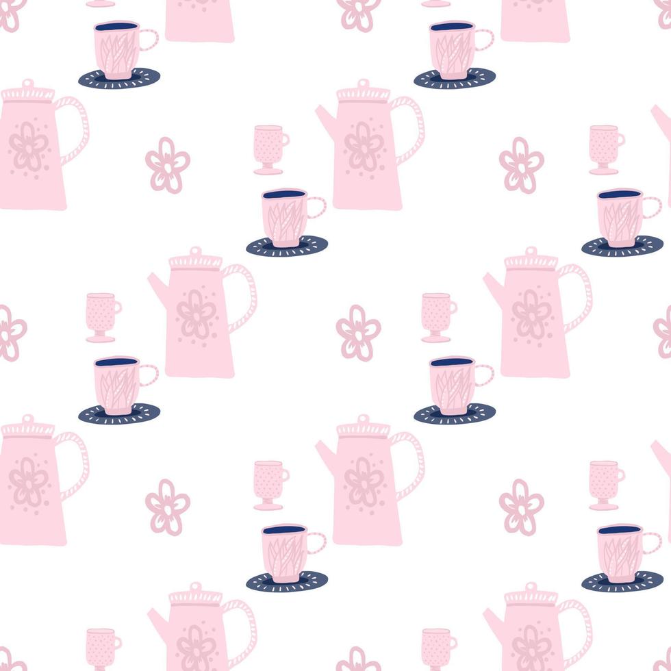 Isolated cups and teapots silhouettes seamless pattern. White background with pink color ornament. vector