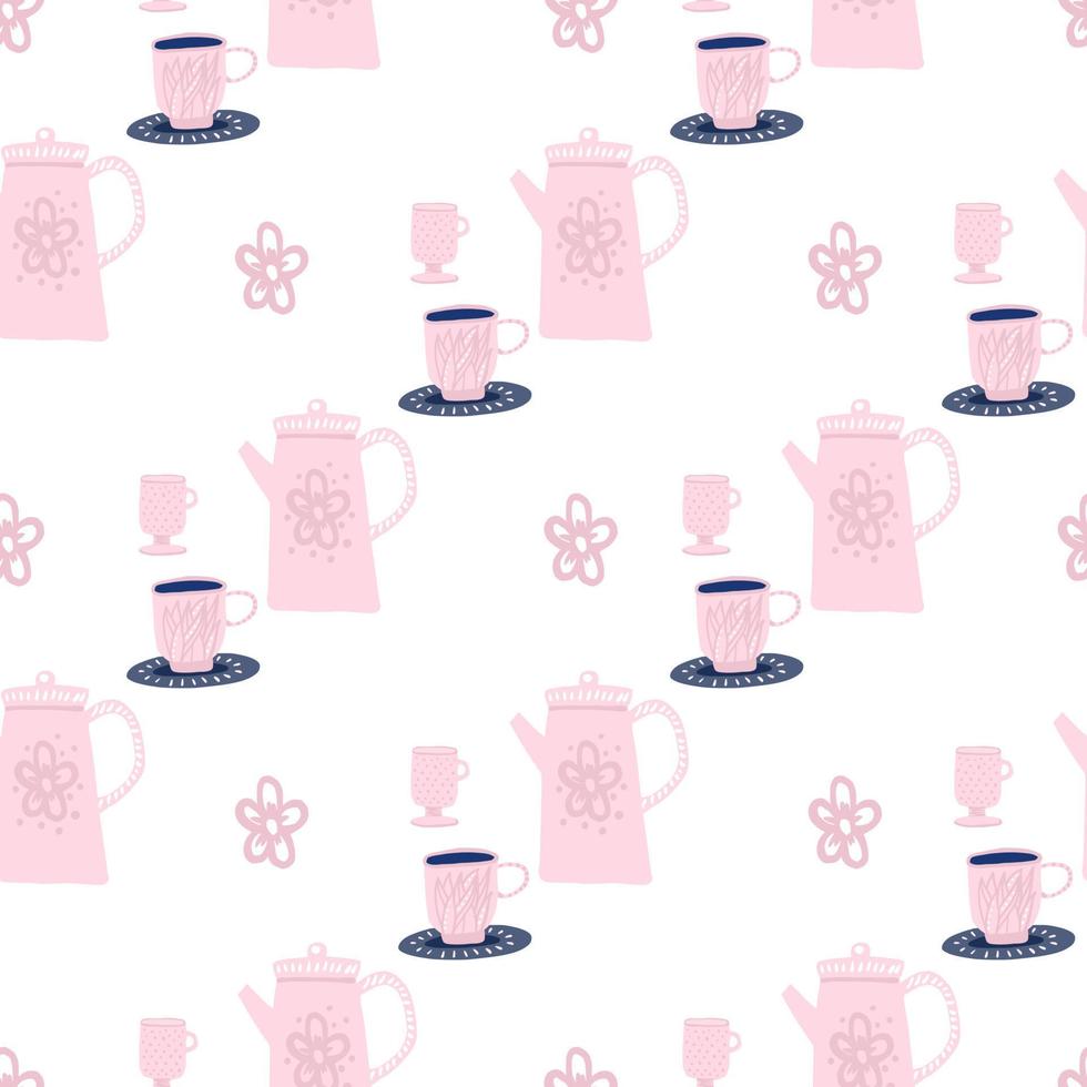 Isolated cups and teapots silhouettes seamless pattern. White background with pink color ornament. vector