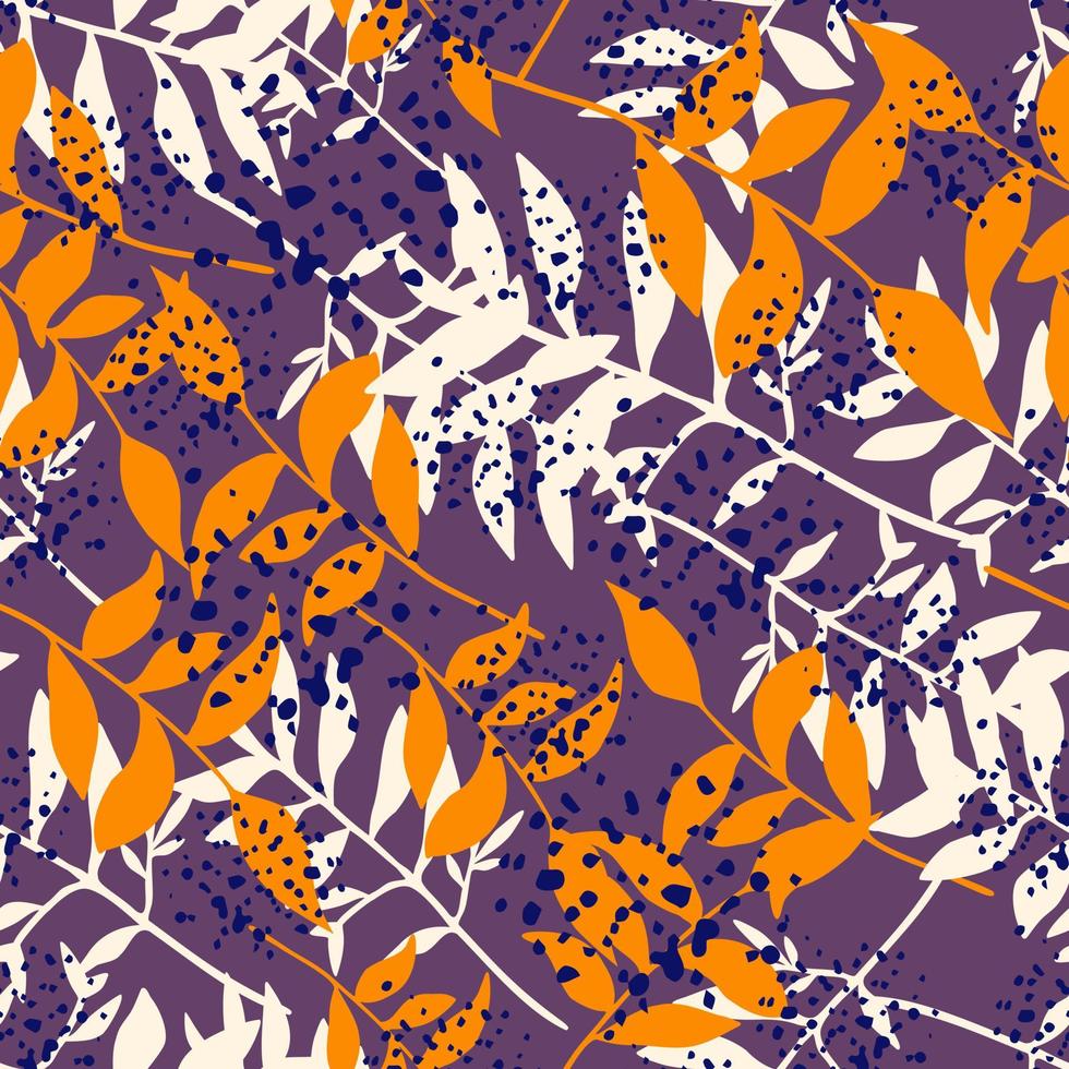Random bright seamless pattern with foliage silhouettes. Leaves branches in white and orange colors on purple background with splashes. vector