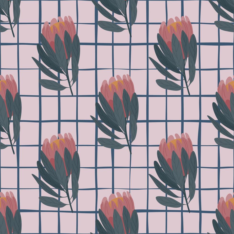 Pale tones floral seamless nature pattern with doodle protea flowers shapes. Grey chequered background. vector