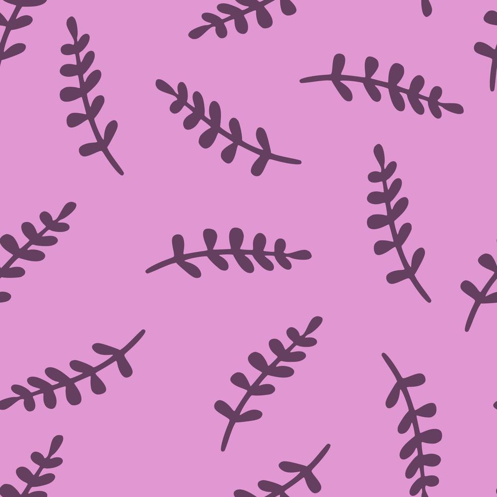 Random seamless doodle pattern with violet tropic branches silhouettes. Pink background. vector