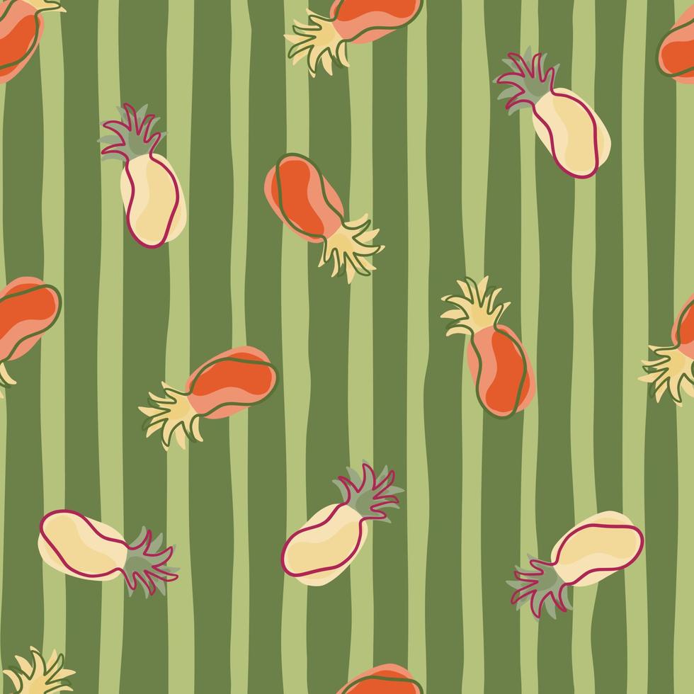 Tropical fresh seamless pattern with random red and beige pineapples ornament. Green striped background. vector