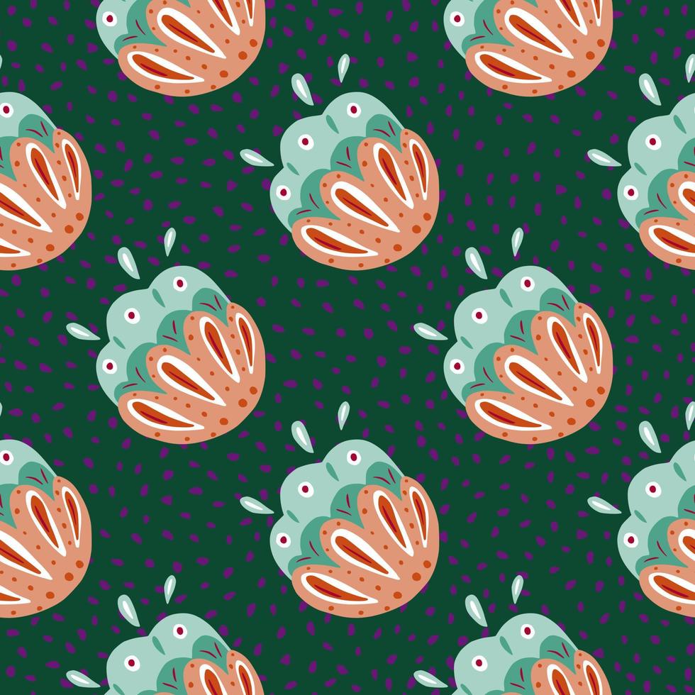 Seamless botanic pattern with pink and blue colored ornamental folk flowers elements. Dark green background. vector
