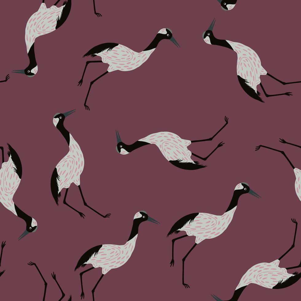 garabato de patrones sin fisuras con impresión de siluetas de aves de grúa de color gris. fondo granate pálido. vector