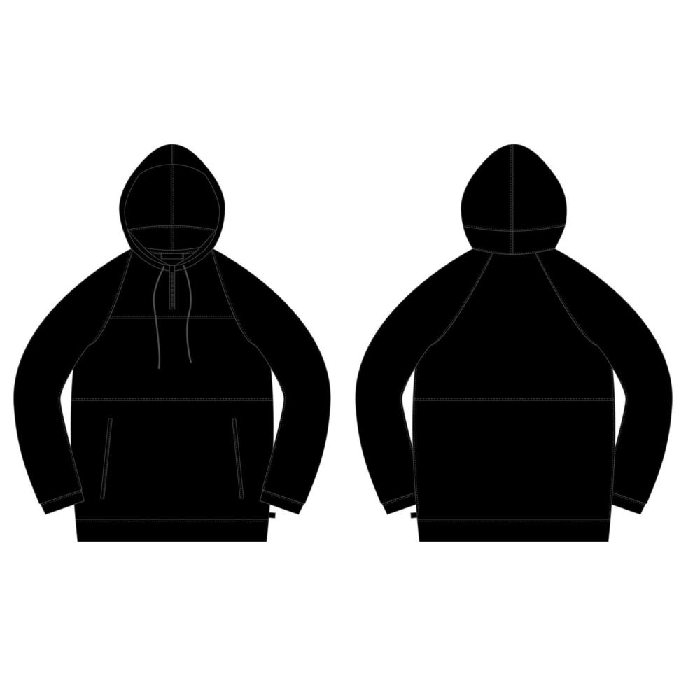 Technical sketch anorak in black colors. Unisex underwear hodie design template. vector