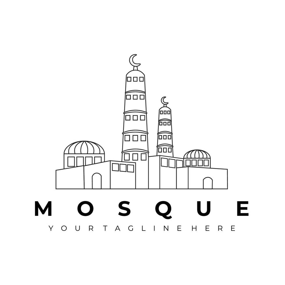 mezquita logo línea arte vector ilustración diseño minimalista moderno. arquitectura creativo al aire libre naturaleza monoline contorno lineal sencillo edificio construcción islam musulmán religión ramadán