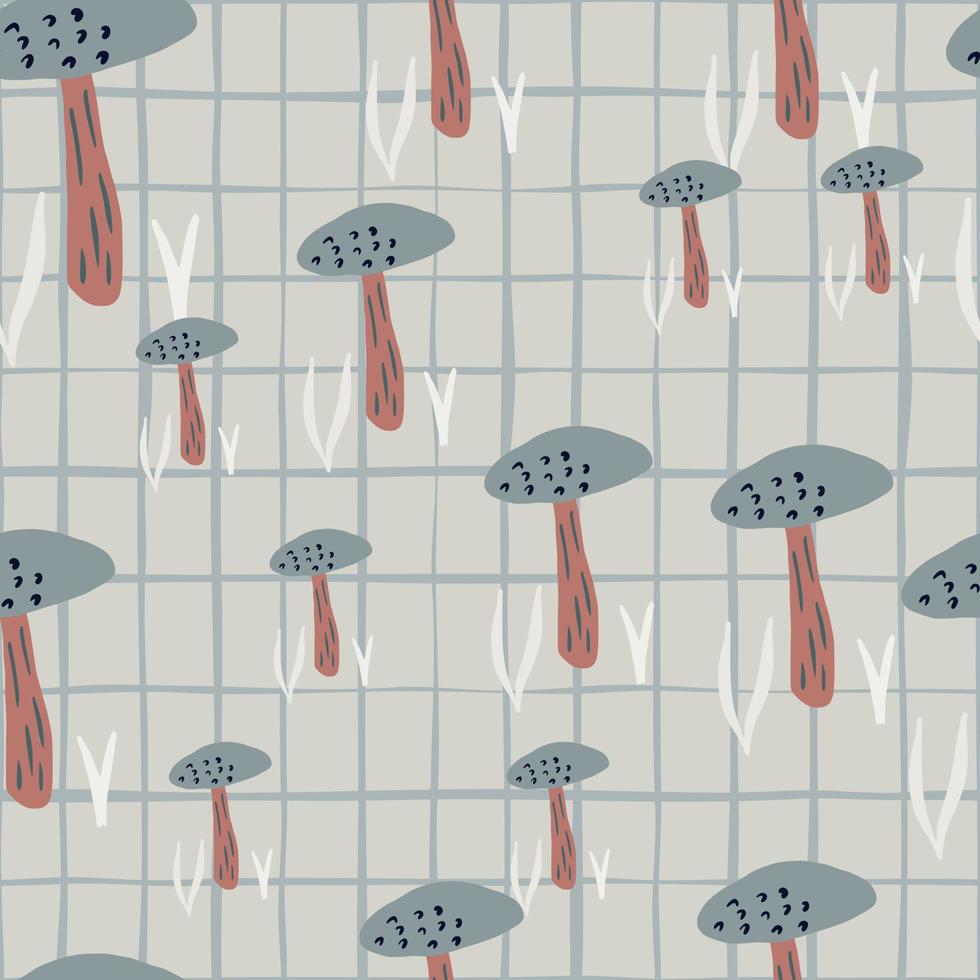Random creative forest mushroom seamless pattern. Brown and blue colored fungus elements on grey background with check. vector