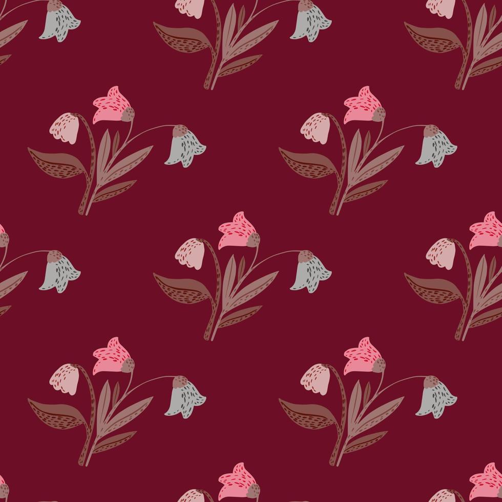 Stylized floral seamless pattern with forest bouquet ornament. Maroon palette artwork with village flowers. vector