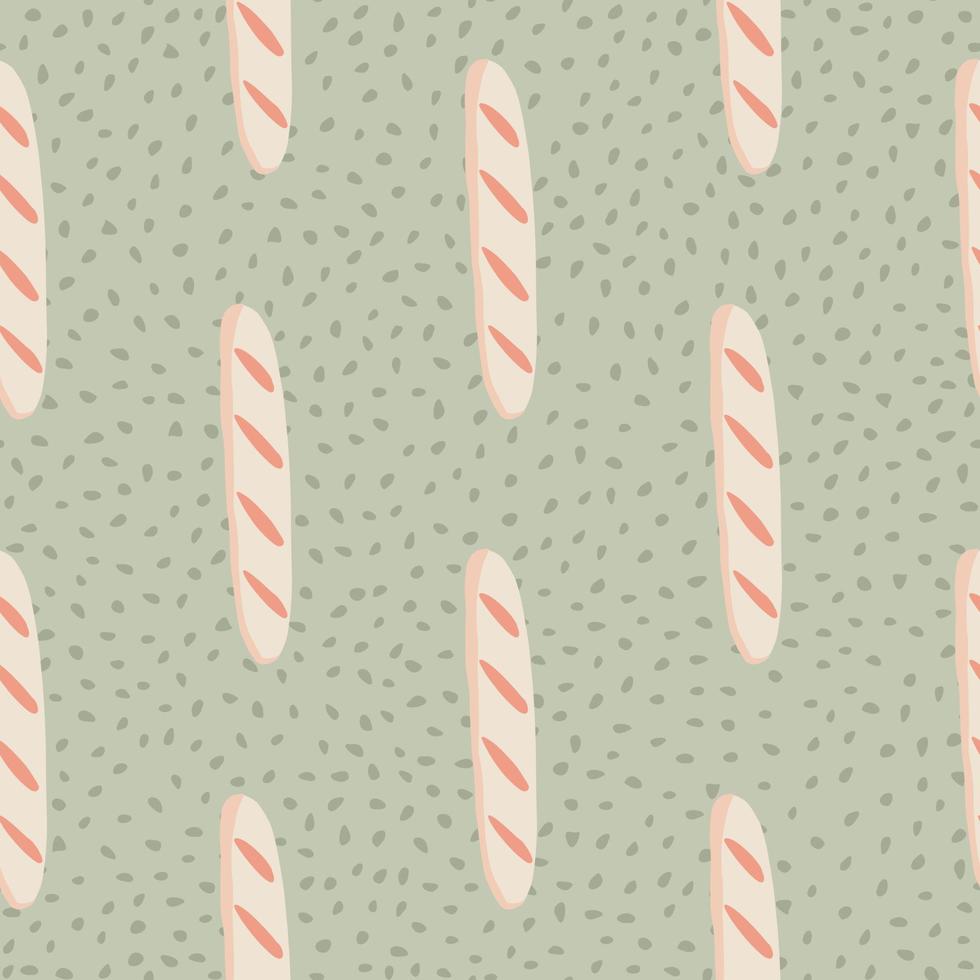 Seamless doodle pale pattern with light pink baguette silhouettes. Grey dotted background. Food bread backdrop. vector