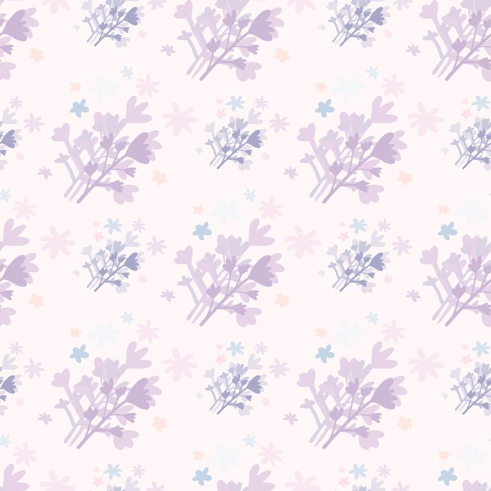 Isolated seamless doodle pattern with purple flowers silhouettes on white background. Creative design. vector
