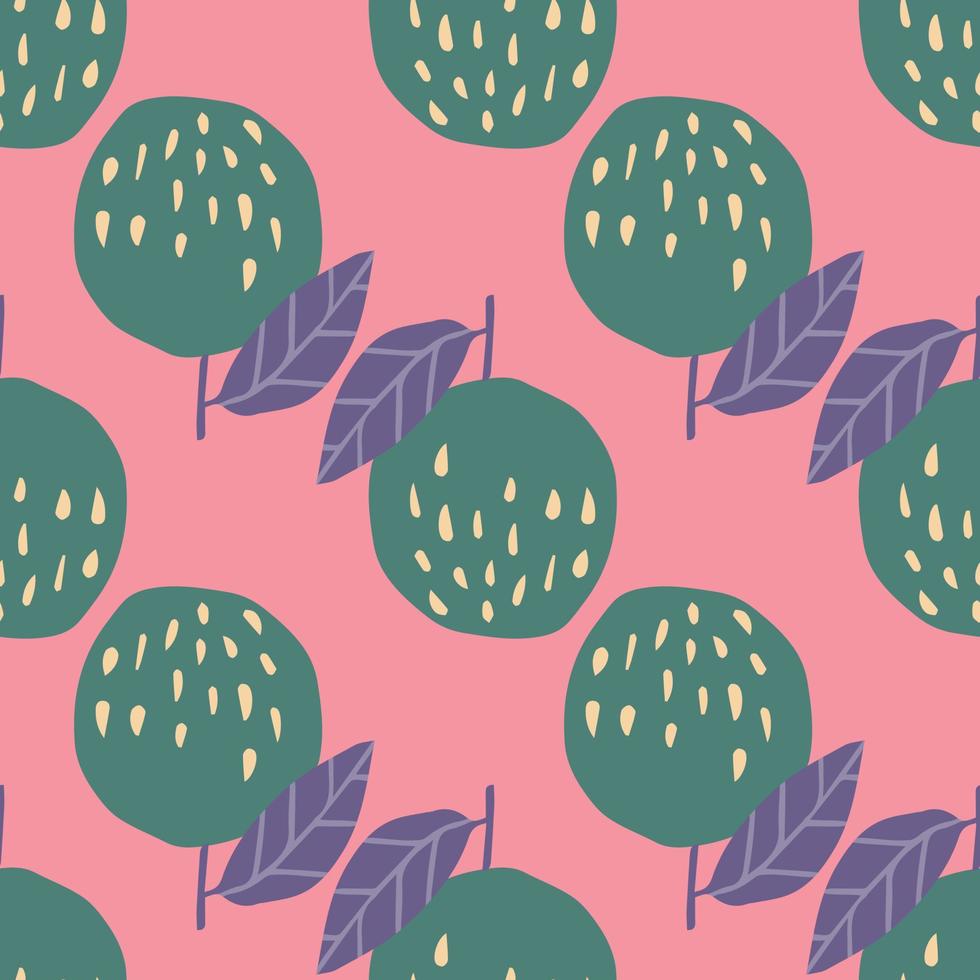 Green apples seamless pattern on pink background. Botanical print. Sweet fruit. vector