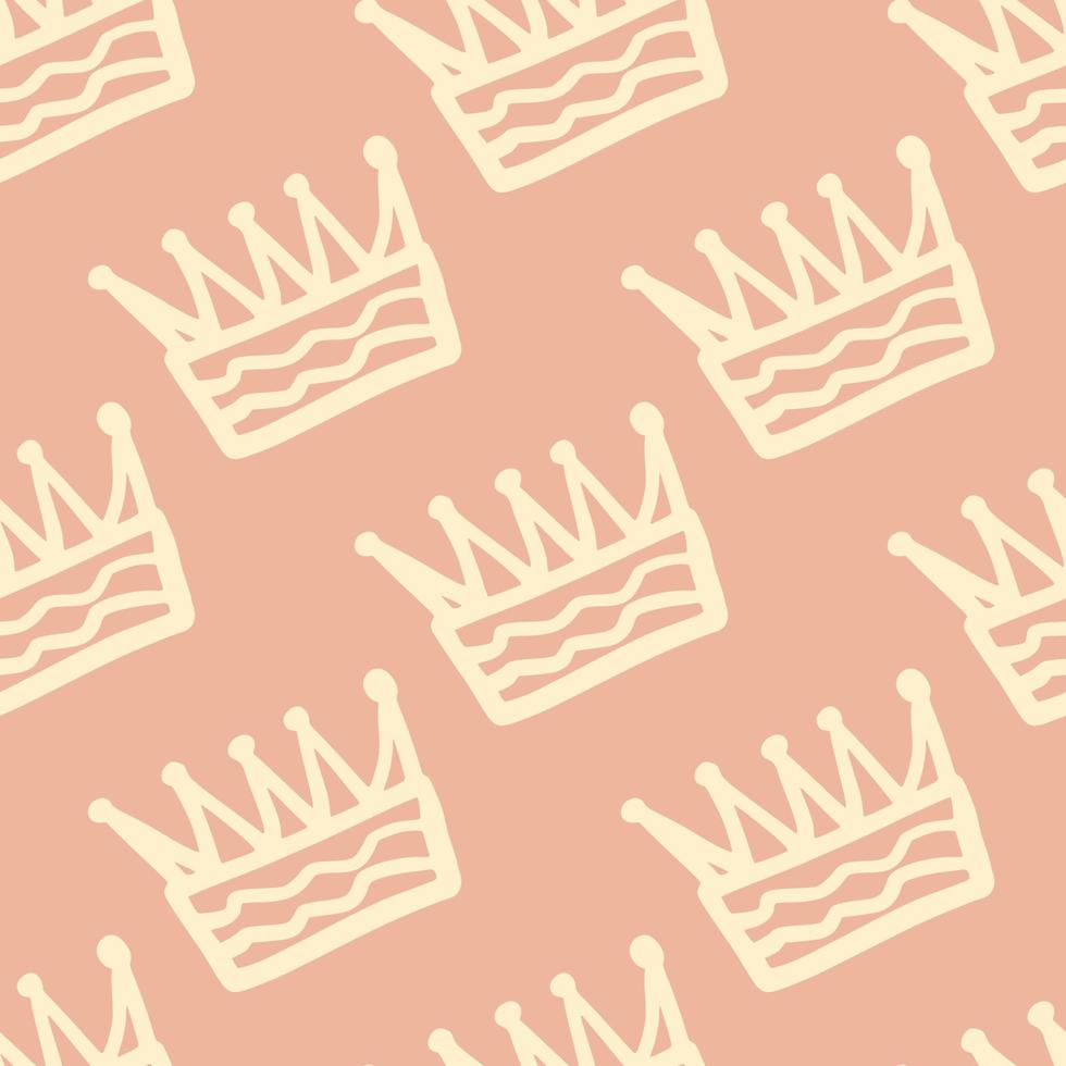 Outline crown hand drawn ornament seamless pattern. Light contoured elements on pastel soft pink background. vector